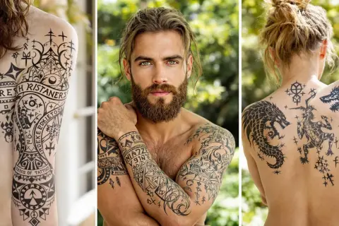 Drei Personen mit beeindruckenden Wikinger Schrift Tattoos. Ein Mann mit grünen Augen und Bart trägt kunstvolle Muster auf den Armen.