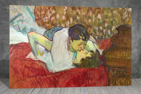 A tender moment captured in **in bed the kiss**. Two figures, rendered in vibrant, impressionistic strokes, share an intimate embrace on a richly colored bed.