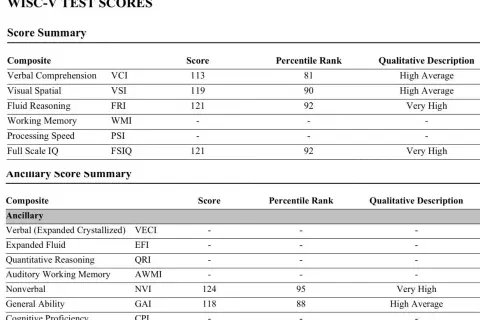 Resultat från WISC-V test för ett barn. Visar poäng för verbal förståelse, visuell spatial förmåga och fluid resonemang, med en total IQ på 121.