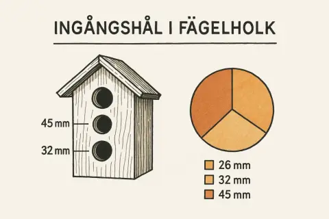 Illustration av en fågelholk med tre ingångshål i olika storlekar: 45 mm, 32 mm och 26 mm. Diagram visar mått hål.