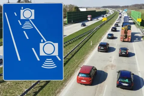Znak informuje o odcinkowym pomiarze prędkości na autostradzie. Uważaj na kamery!