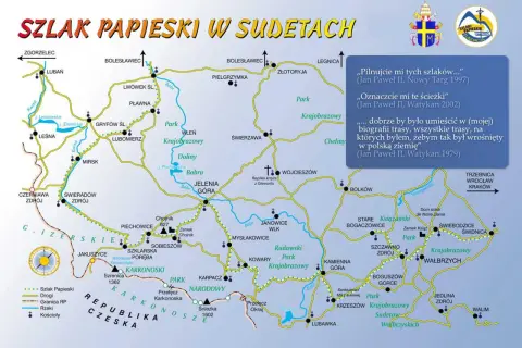 Mapa Szlaku Papieskiego w Sudetach, z zaznaczonymi miastami, parkami i zamkiem Chojnik.