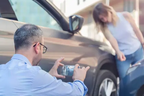 Man fotograferar parkeringsskada. Kvinnan undersöker skadan, en parkeringsskada smitning.