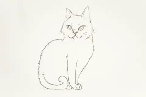 Unos tiernos dibujos de gatos, uno sentado con la cola enroscada y una mirada curiosa.