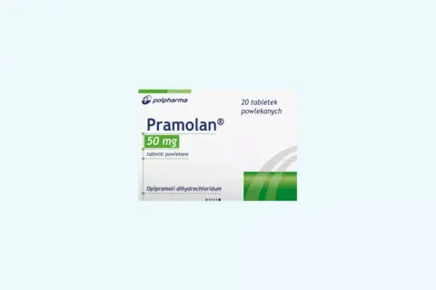 Opakowanie leku Pramolan 50 mg, zawierające 20 tabletek powlekanych. Substancją czynną jest opipramoli dihydrochloridum.