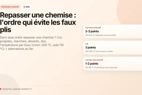 Repasser une chemise comme au pressing : l'ordre des étapes (col, poignets, manches, devant, dos) et les températures selon le tissu pour éviter les faux plis.