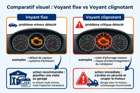 Tableau comparatif : voyant moteur fixe (problème mineur) vs voyant moteur qui clignote (problème critique). Action immédiate recommandée si le voyant clignote.