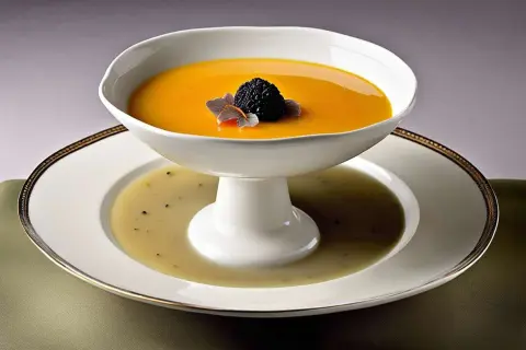 Un plat élégant pour servir la soupe : une bisque orangée garnie d'une mûre et de pétales, posée sur une assiette creuse contenant un bouillon clair.