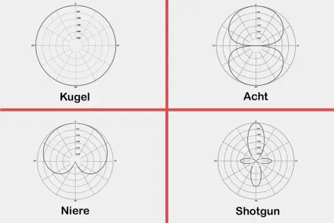 Diagramme zeigen verschiedene Richtcharakteristiken von Mikrofonen: Kugel, Acht, Niere und Shotgun.