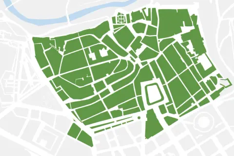 Mapa de la zona de bajas emisiones Pamplona, con calles verdes y edificios grises.