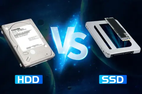 Comparación visual entre un disco duro tradicional (HDD) y una unidad de estado sólido (SSD), mostrando sus diferencias en diseño y tecnología de almacenamiento.