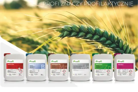 Płynne nawozy dolistne Profi: Cu Xtra, Bor, Mangan, Mo, Zn Xtra, Micro. Wspierają profilaktyczne nawożenie roślin.