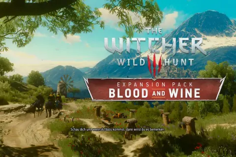 Witcher 3: Blood and Wine. Drei Reiter auf einem Feldweg, im Hintergrund ein Windrad und Berge.