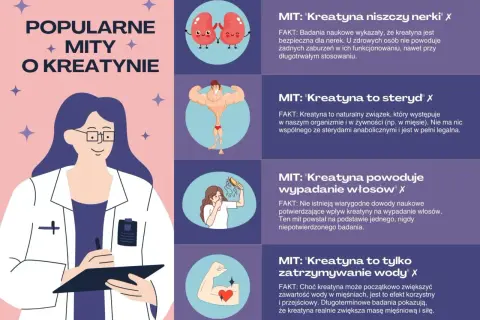 Kreatyna na co? Grafika obala mity o kreatynie: nie niszczy nerek, nie jest sterydem, nie powoduje wypadania włosów ani tylko zatrzymywania wody.