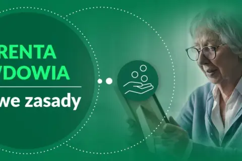 Starsza pani z okularami przegląda dokumenty. Na ekranie widnieje napis "Renta wdowia. Nowe zasady". To ważne informacje o emeryturze 2025.