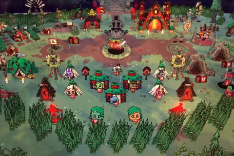 Urocza wioska z postaciami z gry, która przypomina, co to roguelike. Wszędzie widać małe domki, zwierzątka i ogniska.