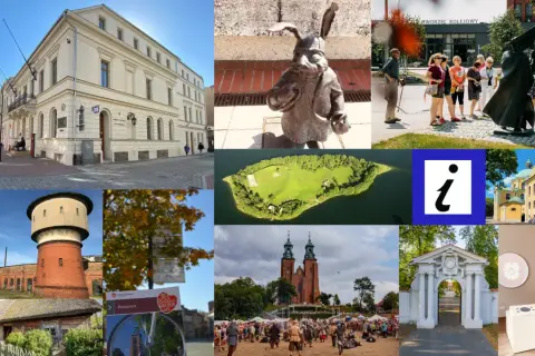 Kolekcja zdjęć z szlaku piastowskiego: zabytkowe budynki, pomnik zająca, wyspa, kościoły, wieża ciśnień, skansen, bramy i wystawa.