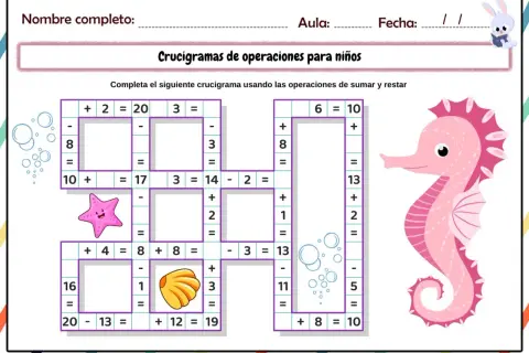 Un crucigrama de sumas y restas para niños, con un caballito de mar rosa y elementos marinos.