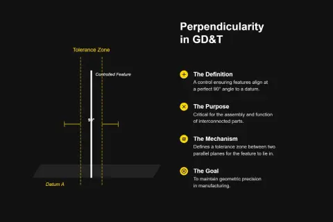 Ilustracja przedstawia definicję, cel i mechanizm tolerancji prostopadłości w GD&T, z diagramem pokazującym kontrolowaną cechę pod kątem 90° do Datum A.