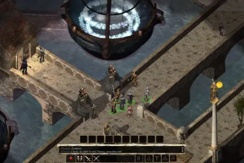 Drużyna w Baldur's Gate na kamiennych mostach nad wodą, przygotowuje się do walki.