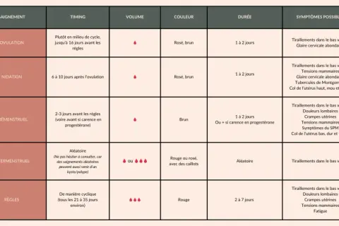 Tableau comparant les saignements : ovulation, nidation (possible saignement d'implantation), prémenstruel, intermenstruel et règles, avec leur timing, volume, couleur, durée et symptômes.