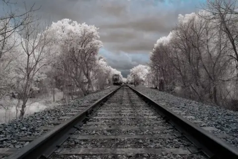 Voie ferrée menant à un train, entourée d'arbres aux feuilles blanches et d'un ciel sombre, dans un style photos infrarouge.