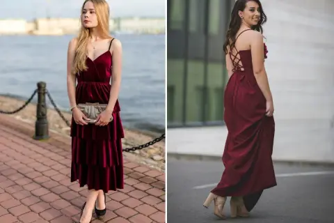 Dwie kobiety w bordowych sukienkach. Jedna w welurowej, midi, z czarnymi szpilkami. Druga w długiej, z gorsetowym tyłem, w beżowych sandałkach. Jakie buty do bordowej sukienki?