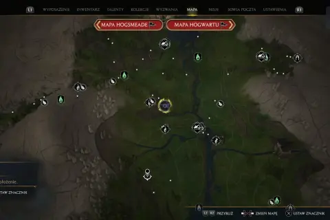 Mapa Hogwartu z zaznaczonymi platformami do lądowania w grze Hogwarts Legacy.