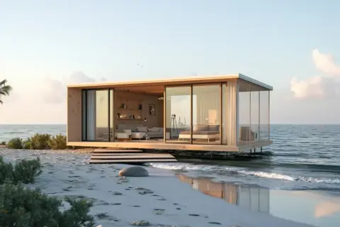 Nowoczesny dom z kontenerów na plaży, z przeszklonymi ścianami i widokiem na morze. Idealne miejsce na relaks.