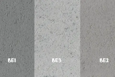 Trzy próbki betonu dekoracyjnego: BE1, BE3, BE2. Dowiedz się, jak zrobić beton dekoracyjny samemu, by uzyskać taki efekt.