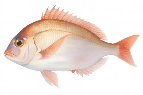 Une dorade rose aux reflets cuivrés, nageant paisiblement. Ses écailles délicates et ses nageoires rosées captivent le regard.