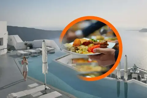 Luksusowe capri wczasy all inclusive: basen z widokiem na morze, kobieta relaksująca się i obfity bufet.