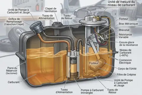 Schéma d'un réservoir de carburant montrant la pompe, le flotteur et le **fusible jauge carburant** qui indique le niveau.