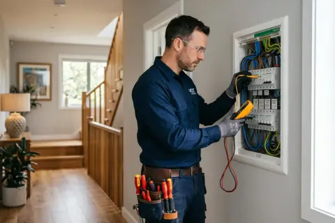 Elettricista controlla quadro elettrico, utile per capire come fare impianto elettrico casa.