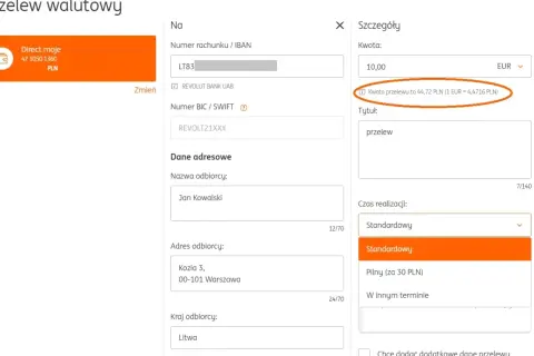 Formularz przelewu walutowego z IBAN Nest Bank. Kwota 10 EUR to 44,72 PLN. Odbiorca Jan Kowalski, adres Litwa.