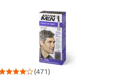Caja de tinte "Just For Men Touch of Grey" con imagen de hombre con cabello teñido.