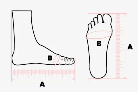 Illustrazione di un piede con indicazioni per la misura del piede in cm. La linea A indica la lunghezza, la B la circonferenza.