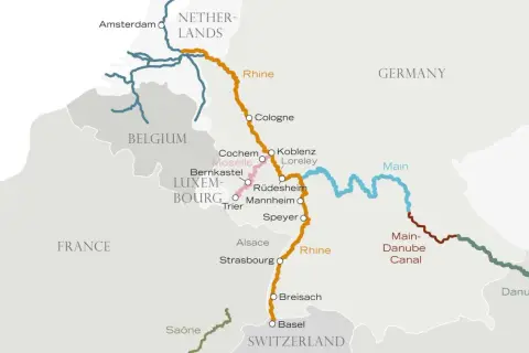 Karte zeigt Flussrouten von Amsterdam über den Rhein und Main bis zur Donau, mit Basel als südlichstem Punkt.