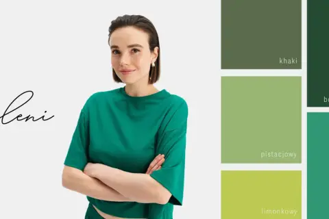 Modelka w zielonym topie. Paleta barw pokazuje, jaki kolor pasuje do ciemnozielonego: khaki, pistacjowy, limonkowy i szmaragdowy.