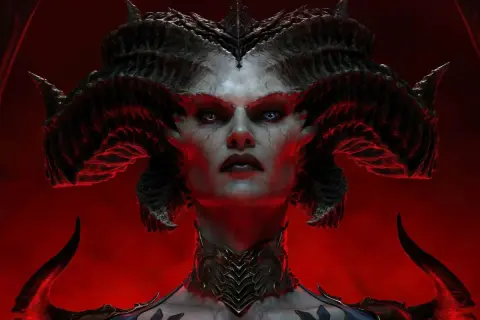 Lilith, z rogami i demonicznym obliczem, zapowiada nowy sezon Diablo 4. Czerwone tło podkreśla jej mroczną aurę.