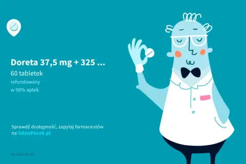 Ilustracja przedstawia kreskówkową postać farmaceuty z tabletką w dłoni i napisem "Doreta 37,5 mg + 325 ...".