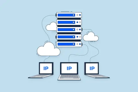 Serwery i chmury łączą się z laptopami z etykietą IP. To ilustracja pokazująca, dhcp co to jest i jak działa w sieci.