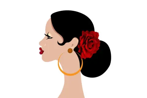 Perfil de mujer con moño flamenco, rosa roja y pendientes grandes.