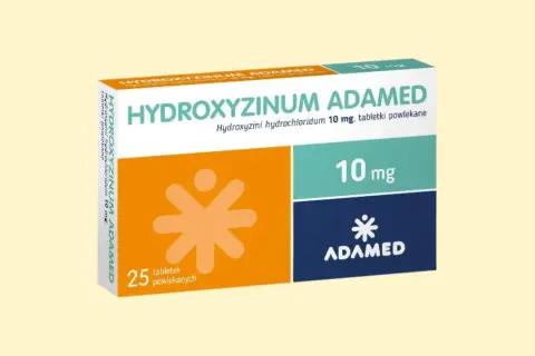 Opakowanie leku Hydroxyzine Adamed 10 mg. Stosowanie hydroksyzyny w ciąży wymaga konsultacji z lekarzem. 25 tabletek.