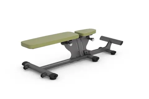 Verstellbare, universelle Hantelbank in Grau mit hellgrünen Polstern, bereit für dein nächstes Workout.