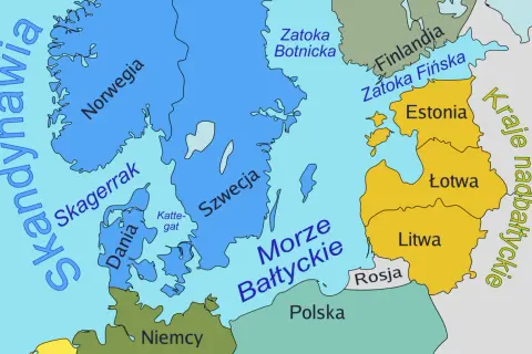 Mapa Morza Bałtyckiego z zaznaczonymi krajami: Polska, Niemcy, Dania, Szwecja, Norwegia, Finlandia, Estonia, Łotwa, Litwa i Rosja.