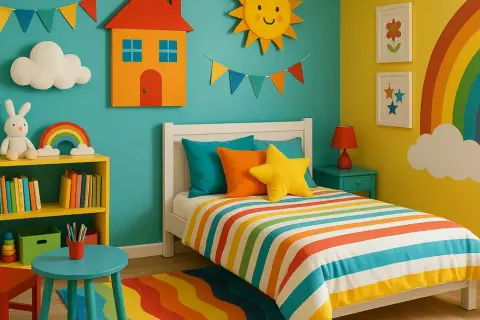 Une peinture de chambre garçon joyeuse avec un lit rayé, un arc-en-ciel, un soleil et des nuages.
