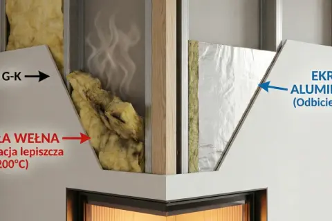 Przekrój ściany przy kominku: płyta G-K, wełna mineralna i ekran aluminiowy odbijający ciepło.