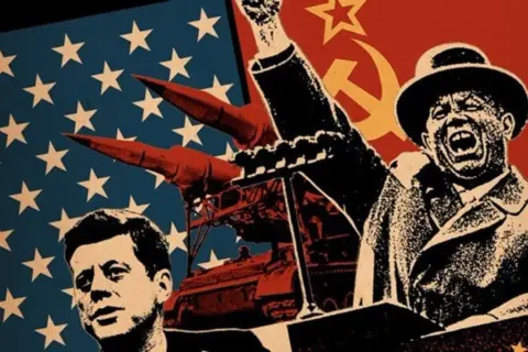 Un collage de propaganda que representa la tensión de que fue la guerra fria: John F. Kennedy, misiles, un tanque y el símbolo soviético.