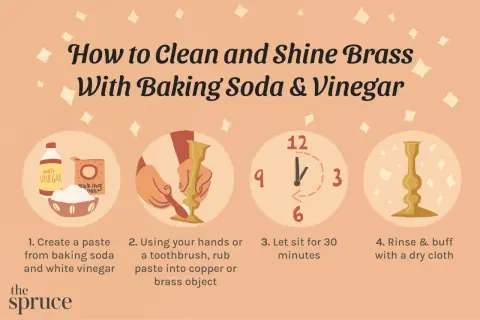 Learn how to clean brass with baking soda and vinegar. The graphic shows steps: make a paste, scrub, let sit, and buff for a shine.